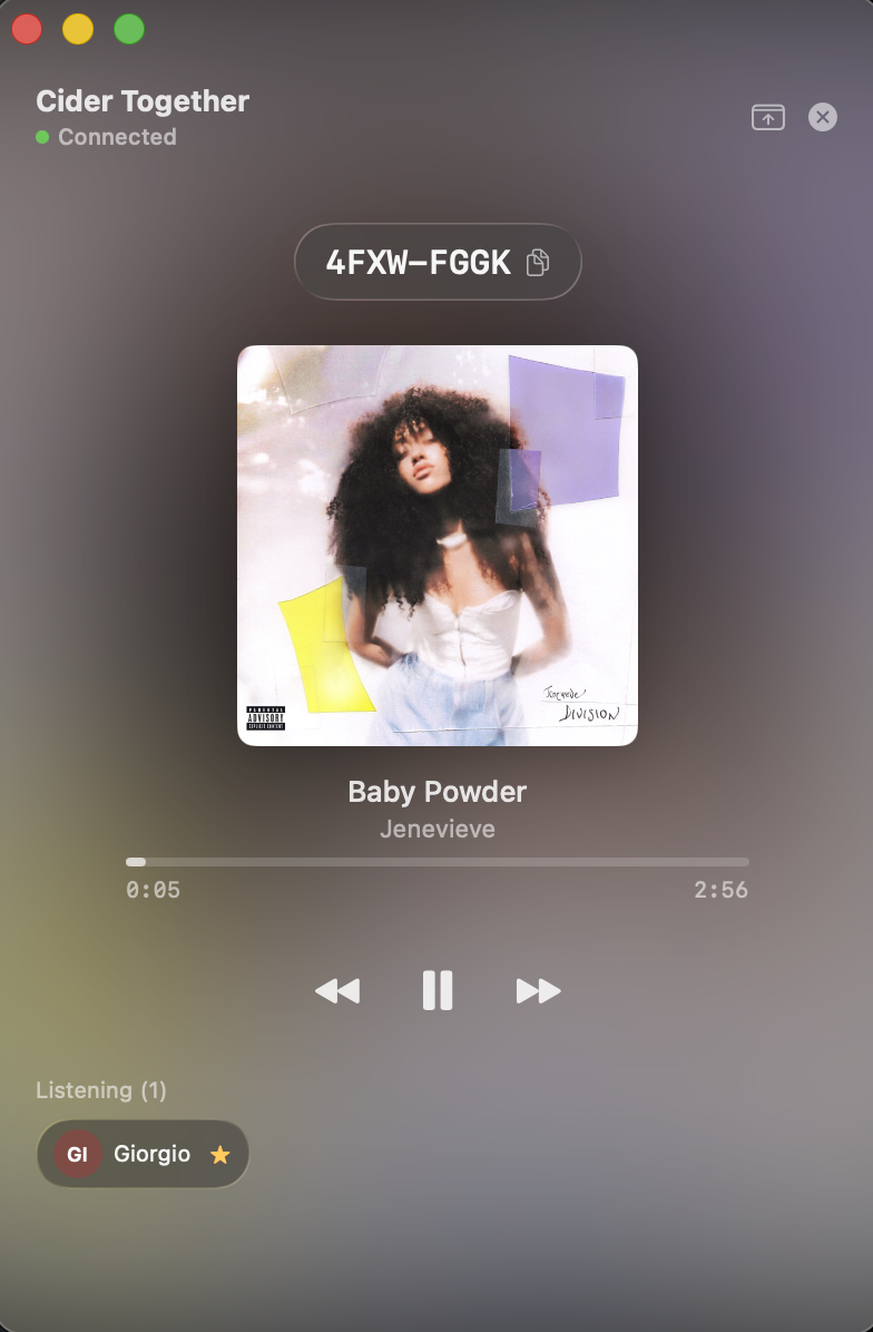 Listen Together app showing synchronized music playback session between friends